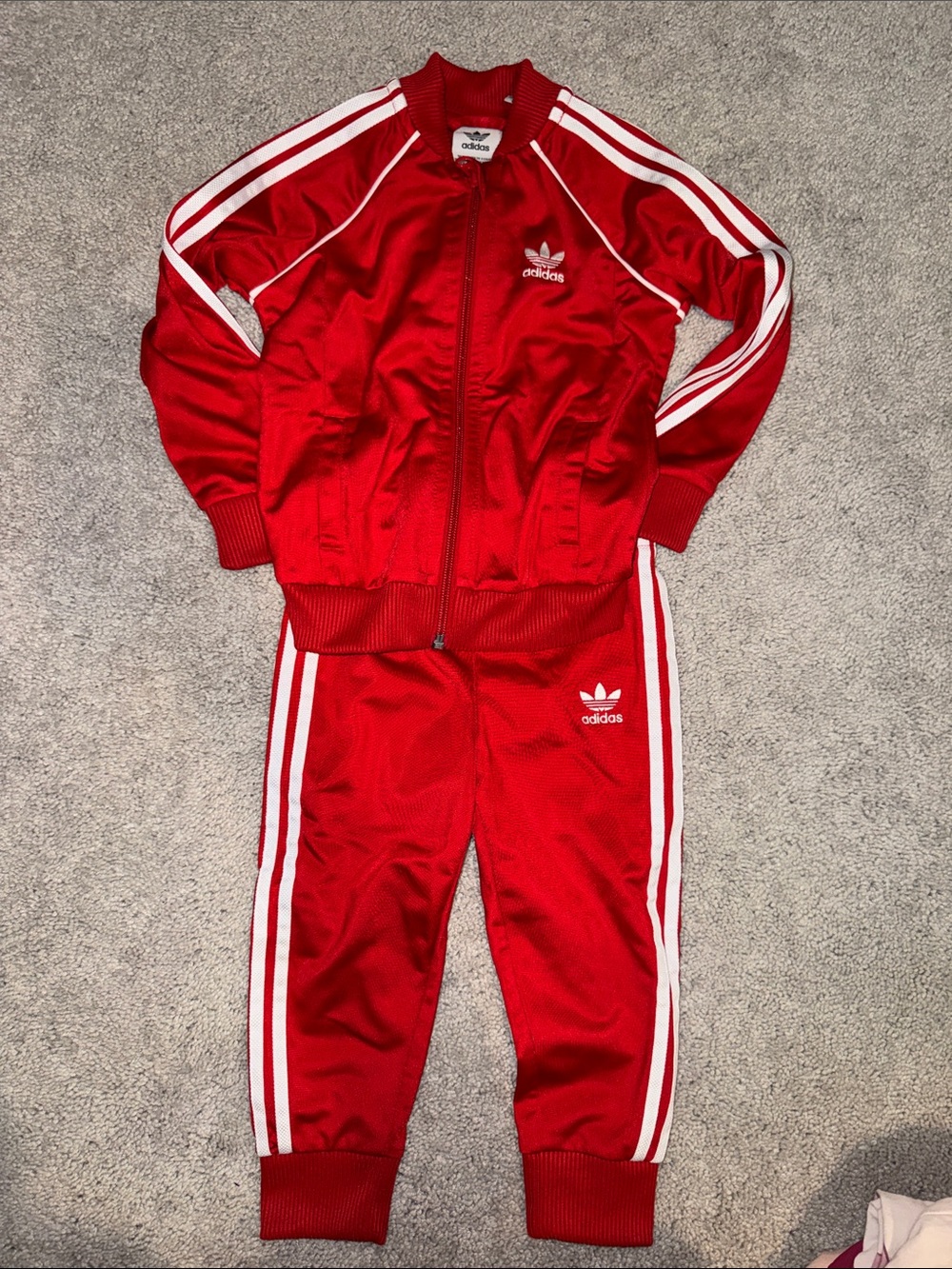 adidas Red Kids Sweatpants & Joggers Track Set with White Stripes - 2T